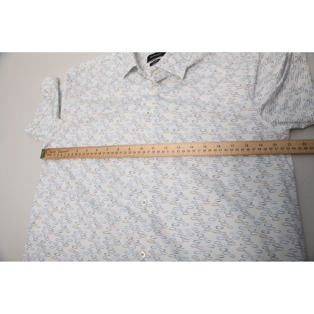 BUGATCHI Men's L White Blue Brown Oval Pattern 8-Way Stretch Short Sleeve Shirt - Picture 8 of 12